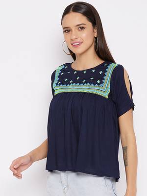 Navy blue embroidered viscose rayon party-tops 4