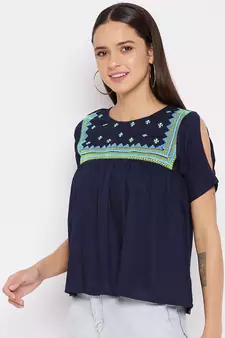 Navy blue embroidered viscose rayon party-tops