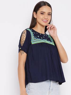 Navy blue embroidered viscose rayon party-tops 5