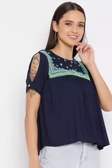 Navy blue embroidered viscose rayon party-tops