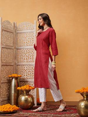 Hand Embroidered Red Cotton Lucknow Chikan Indian Women Kurta 4