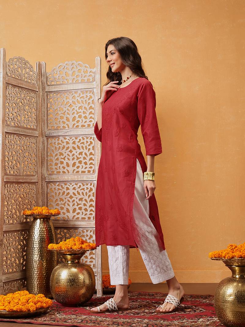 Hand Embroidered Red Cotton Lucknow Chikan Indian Women Kurta