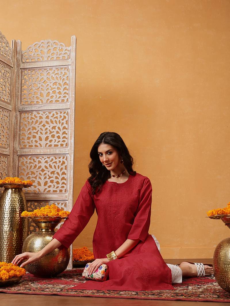 Hand Embroidered Red Cotton Lucknow Chikan Indian Women Kurta