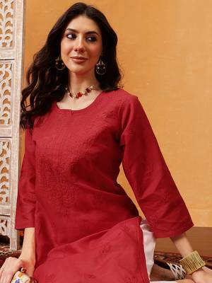 Hand Embroidered Red Cotton Lucknow Chikan Indian Women Kurta 6