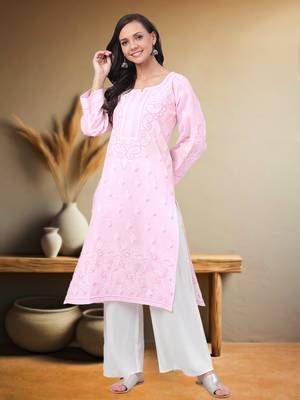 Ada Hand Embroidered Pink Cotton Lucknow Chikankari Indian Women Kurta - A221041 1
