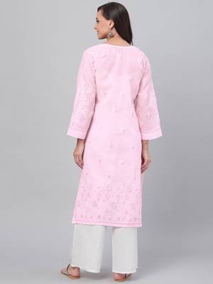 Ada Hand Embroidered Pink Cotton Lucknow Chikankari Indian Women Kurta - A221041 2