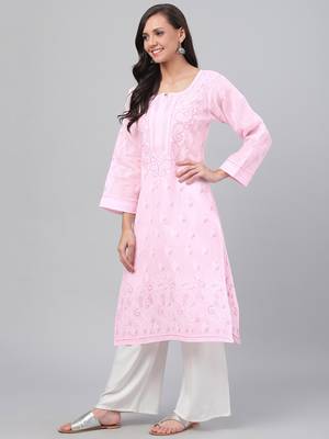 Ada Hand Embroidered Pink Cotton Lucknow Chikankari Indian Women Kurta - A221041 3