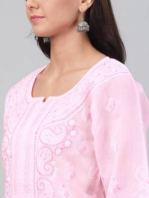 Ada Hand Embroidered Pink Cotton Lucknow Chikankari Indian Women Kurta - A221041 4