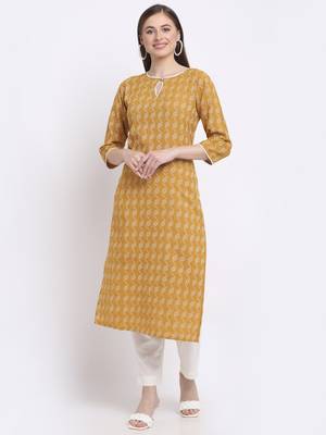 Yellow printed cotton kurtas-and-kurtis 1