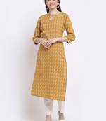 Yellow printed cotton kurtas-and-kurtis