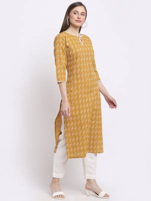 Yellow printed cotton kurtas-and-kurtis 3