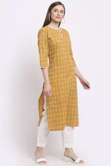 Yellow printed cotton kurtas-and-kurtis