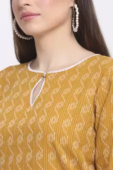Yellow printed cotton kurtas-and-kurtis