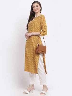 Yellow printed cotton kurtas-and-kurtis 5