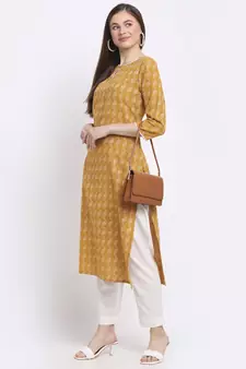 Yellow printed cotton kurtas-and-kurtis