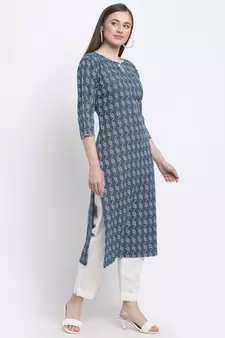 Blue printed cotton kurtas-and-kurtis