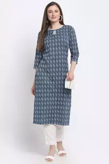 Blue printed cotton kurtas-and-kurtis
