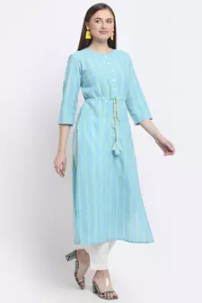 Sky-blue printed cotton kurtas-and-kurtis