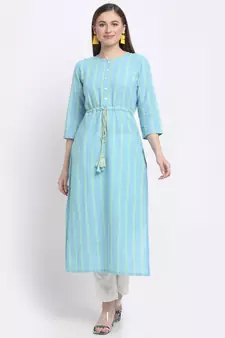 Sky-blue printed cotton kurtas-and-kurtis