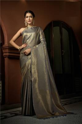 Grey Bridal Faux Kanchipuram Wedding Woven Silk Blend Sarees 2