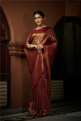 Maroon Bridal Faux Kanchipuram Wedding WOVEN SILK BLEND Sarees 2