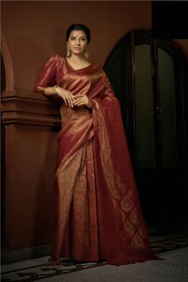 Maroon Bridal Faux Kanchipuram Wedding WOVEN SILK BLEND Sarees 3