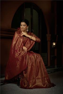 Maroon Bridal Faux Kanchipuram Wedding WOVEN SILK BLEND Sarees 4