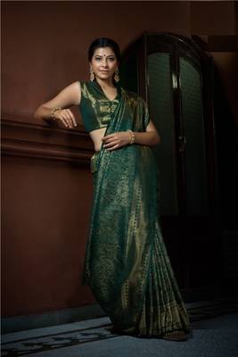 Green Bridal Faux Kanchipuram Wedding Woven Silk Blend Sarees 2