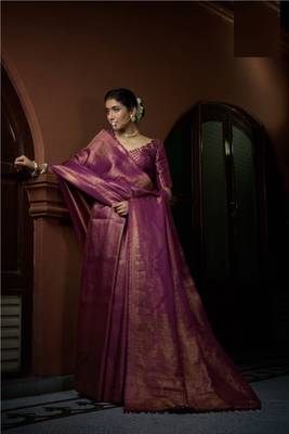 PURPLE Bridal Faux Kanchipuram Wedding WOVEN SILK BLEND Sarees 2