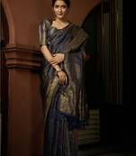 BLUE Bridal Faux Kanchipuram Wedding WOVEN SILK BLEND Sarees