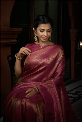 PURPLE Bridal Faux Kanchipuram Wedding WOVEN SILK BLEND Sarees 2