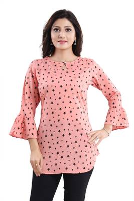 Peach printed crepe short-kurtis 1