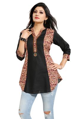 Black printed cotton short-kurtis 4
