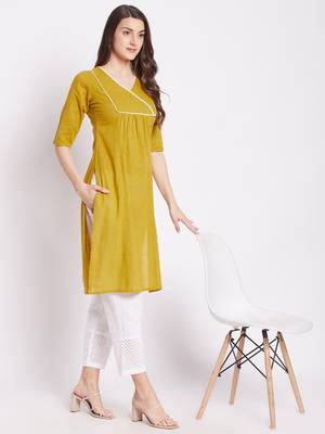 Yellow plain cotton cotton-kurtis 1