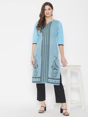 Sky-blue printed cotton cotton-kurtis 1
