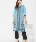 Sky-blue printed cotton cotton-kurtis