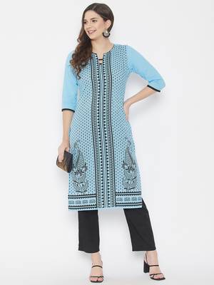Sky-blue printed cotton cotton-kurtis 2