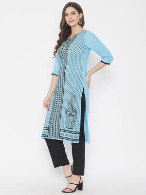 Sky-blue printed cotton cotton-kurtis 3