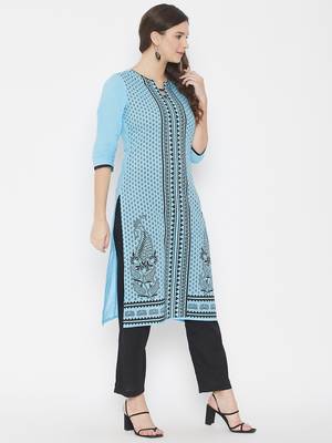Sky-blue printed cotton cotton-kurtis 4