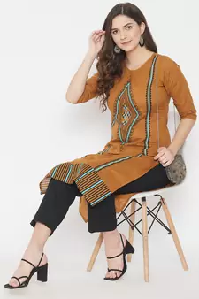 Mustard printed cotton cotton-kurtis