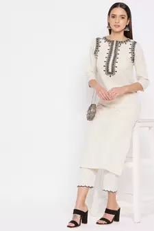 Off-white embroidered cotton salwar