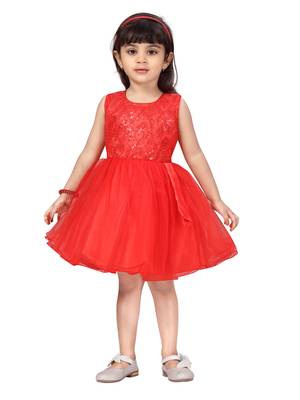 Red plain polyester kids-frocks 1