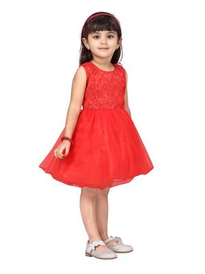 Red plain polyester kids-frocks 2
