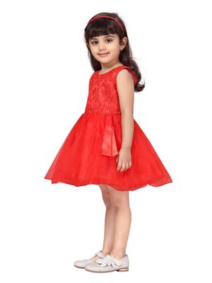 Red plain polyester kids-frocks 3