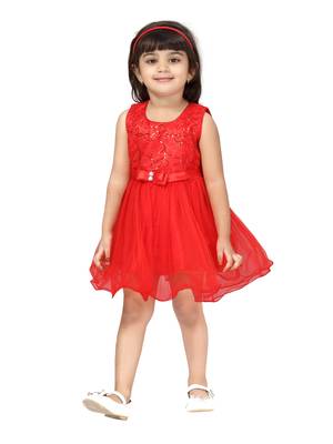 Red plain polyester kids-frocks 1