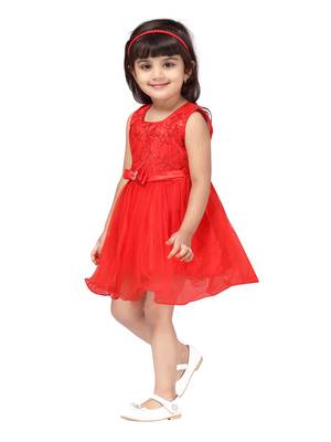 Red plain polyester kids-frocks 3