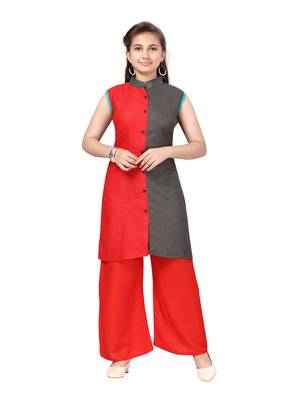 Red plain cotton girls-top-bottom 1