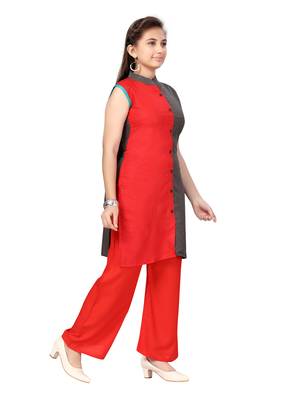 Red plain cotton girls-top-bottom 2