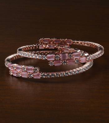 Rose Gold Plated Baby Pink Stone Embellished American Diamond Bangles BD584 1