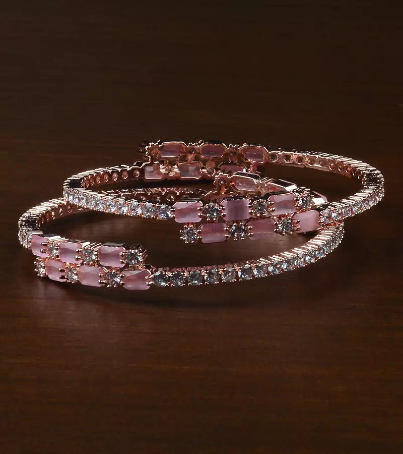 Rose Gold Plated Baby Pink Stone Embellished American Diamond Bangles BD584